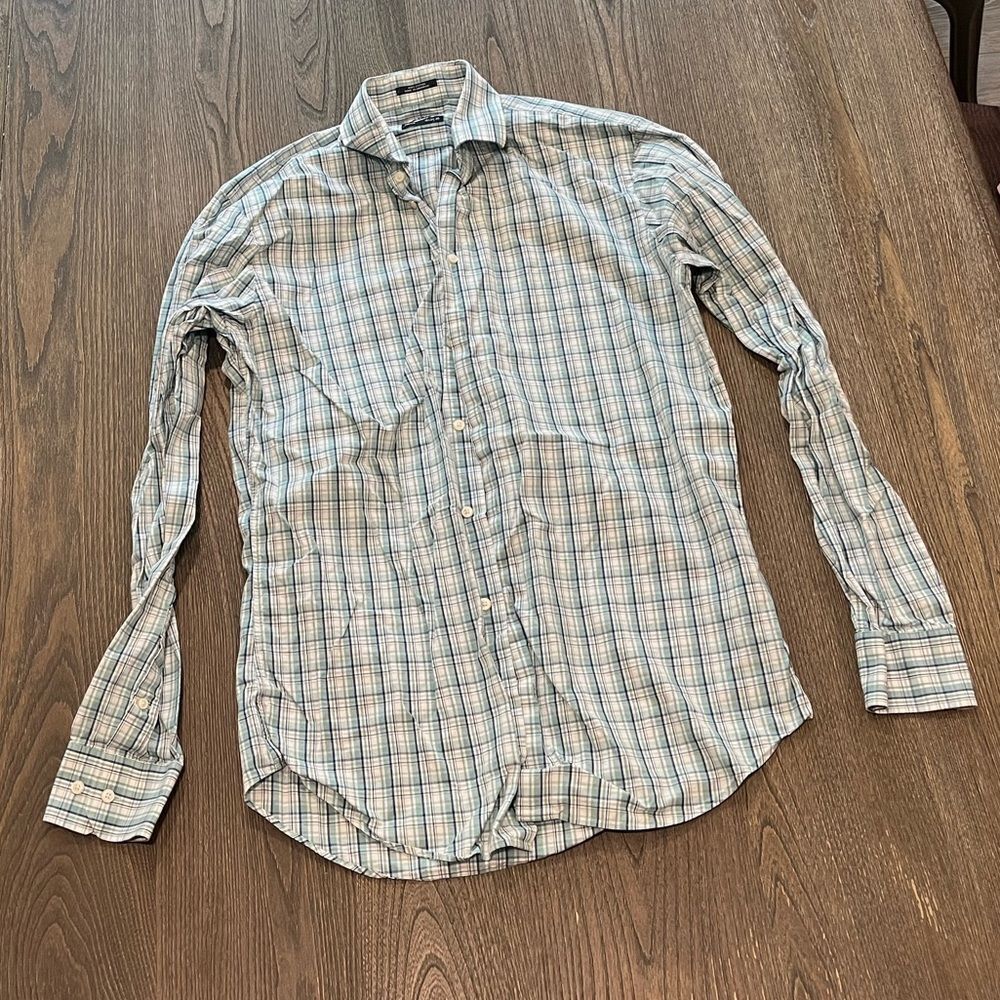 1901 Trim Fit Button Front Dress Shirt CottonโGreen White Plaid Size 15 34-35